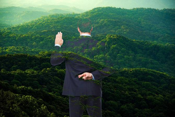 a man in a suit making a "pledge" sign overlaid on a forest of trees