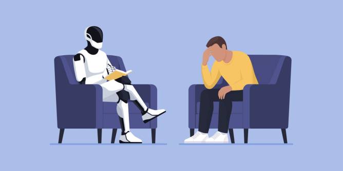 Psychologist AI humanoid robot talking with a sad depressed patient, artificial intelligence and psychology concept