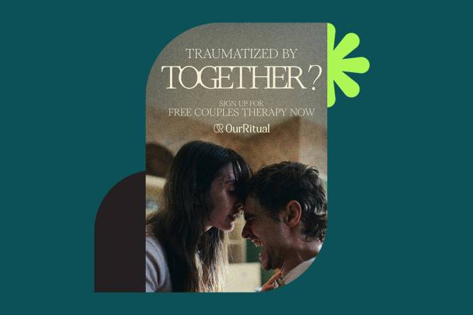 A movie still from the movie Together starring Allison Brie and Dave Franco with their foreheads touching.