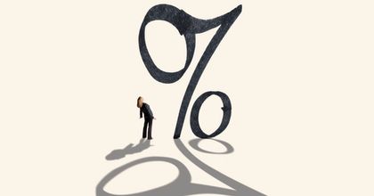 2D illustration of a % sign towering over a woman