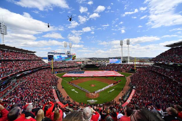 A general view during the singing of the national anthem on Opening Day prior to a game