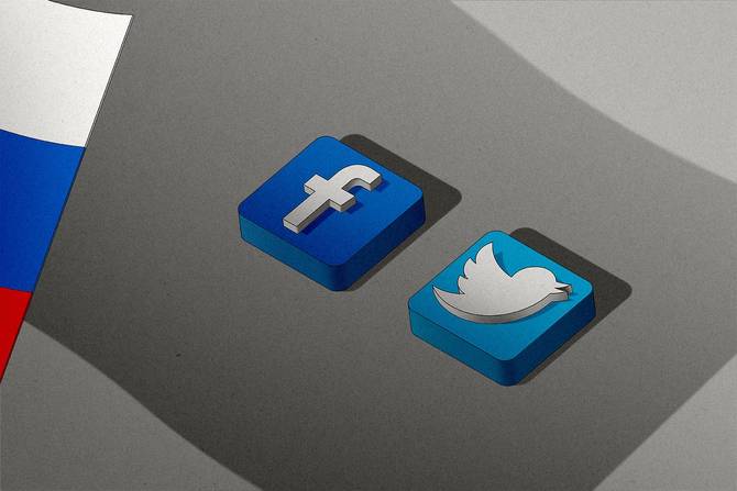 Russian flag looming over facebook and twitter apps