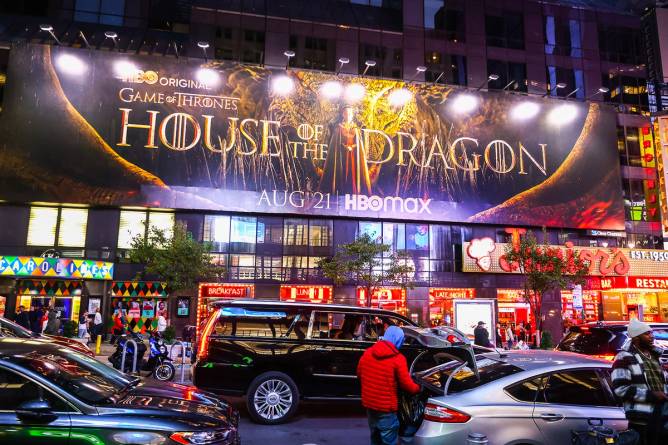 House of the Dragons banner is seen on Broadway at Midtown Manhattan in New York.