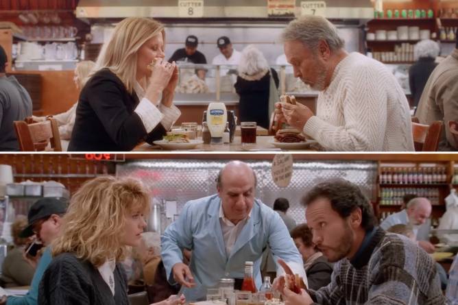 Side-by-side comparison of Meg Ryan and Billy Crystal in “When Harry Met Sally” and Hellmann’s Super Bowl ad. Credit: @Hellmann’s, @Shout! Studios/YouTube