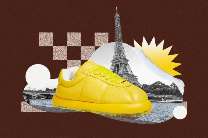 Puffy shoes in front of Eiffel tower.