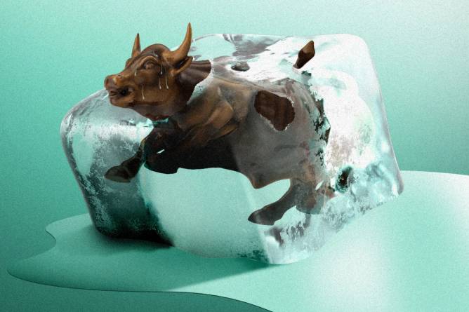 Graphic of the Wall Street bull in an ice cube