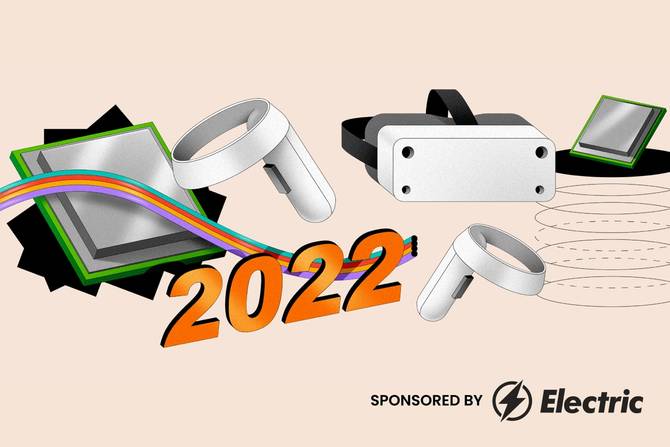 Collage of emerging tech elements, like cables, semiconductors, VR headset, with a "2022" in text