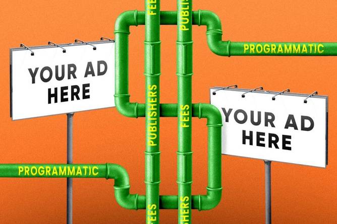 Your ad here signs next to pipes shaped like a dollar bill sign with programmatic, publishers, and fees text written on them