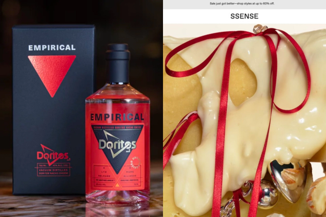 image collage of Empirical Doritos-flavored spirit and an image of melted cheese from Ssense