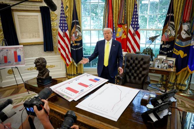 President Donald Trump stands in the oval office, with large printouts of economic graphs stacked on the Resolute desk