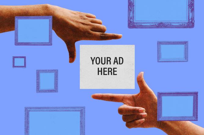 Two hands coming together to make a box between forefinger and thumbs. In the middle of the box, the words "Your Ad Here" appears. 