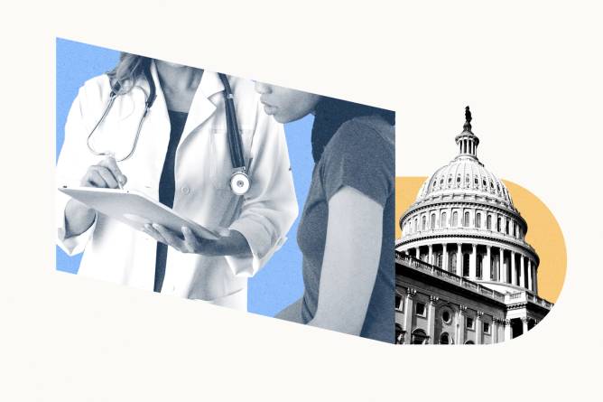 Doctor and patient on the left and white house on the right