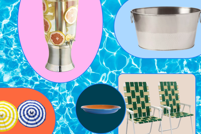 Collage of outdoor items like lawn hairs, water cooler.