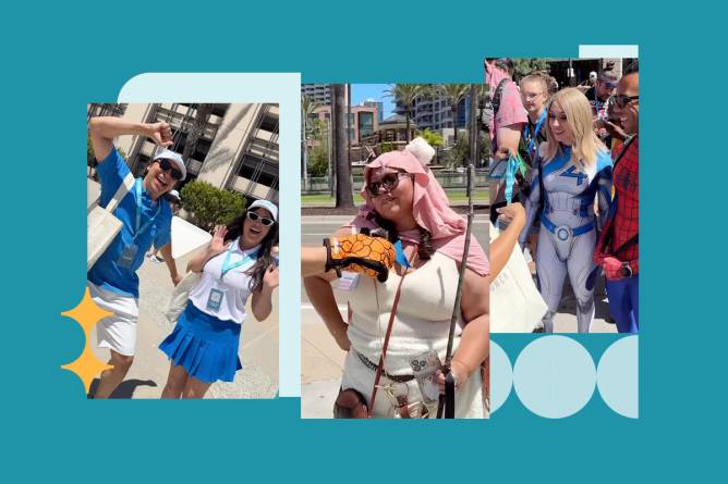 A composited image of screenshots from BoxLunch's Instagram, including cosplayers dressed as superheroes being interviewed.