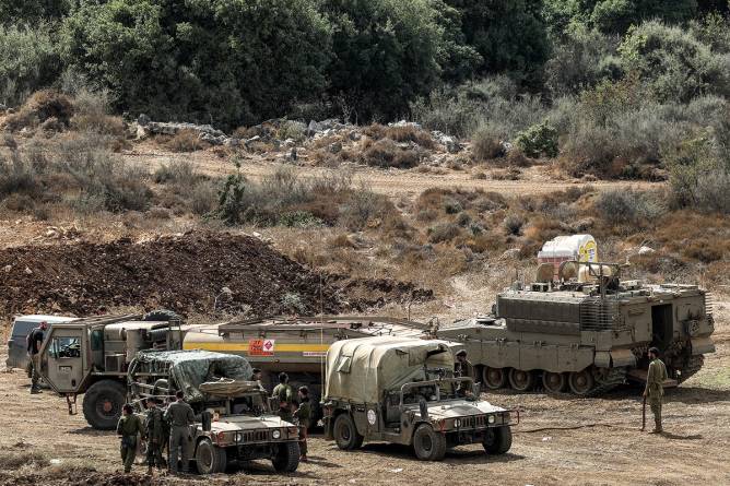 Israeli military vehicles at the Lebanon border