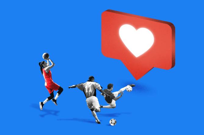 Sports players aim to score towards large social media like icon.