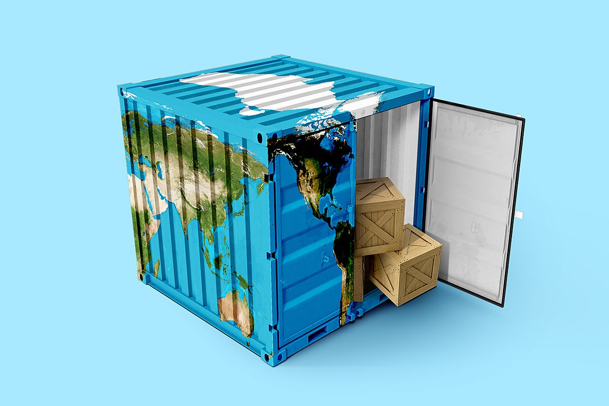 A container with a cardboard box spilling out