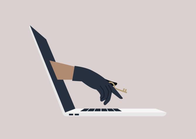 An illustration of a gloved hand coming out of a laptop screen holding a key