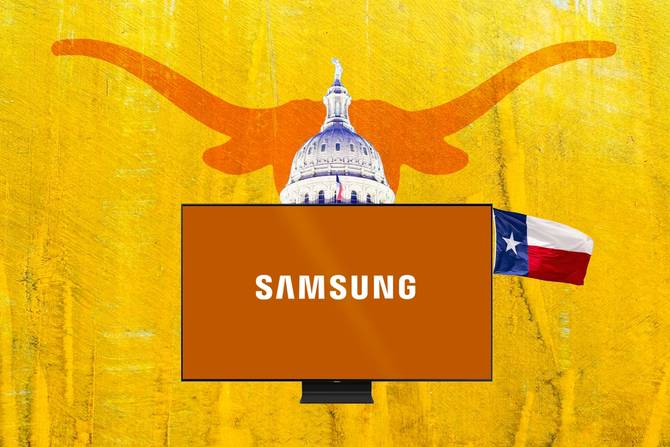Samsung's logo in the foreground set against a background of the Texas longhorn and the state capital
