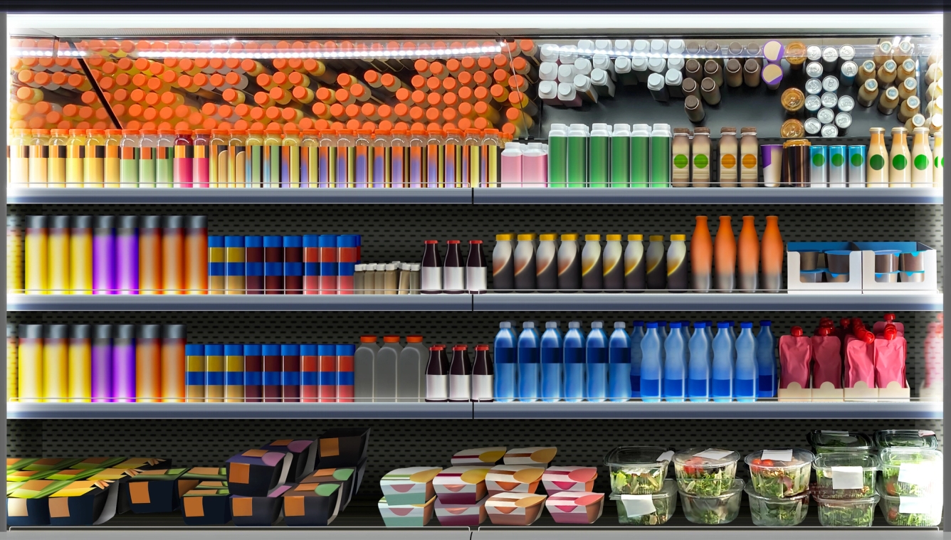 Supermarket cooler of products with no labels