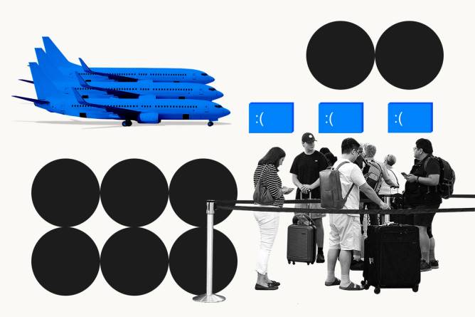 Grounded planes, people in line, and blue screens on patterned background.