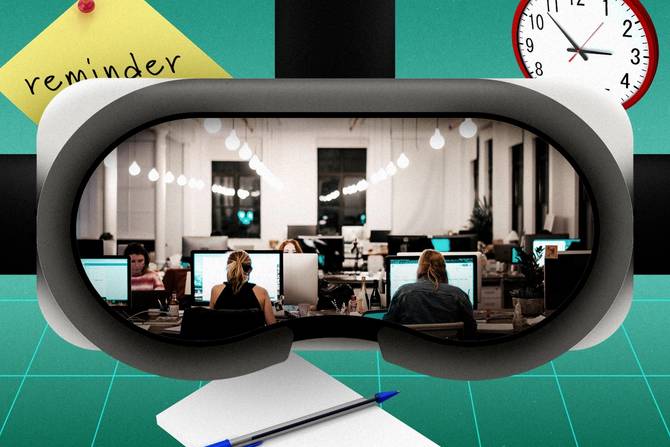 An office space viewed through VR goggles.