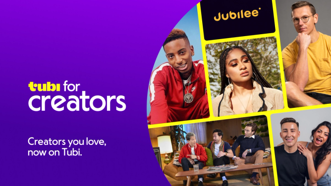 Tubi for Creators graphic featuring headshots of the involved creators. 