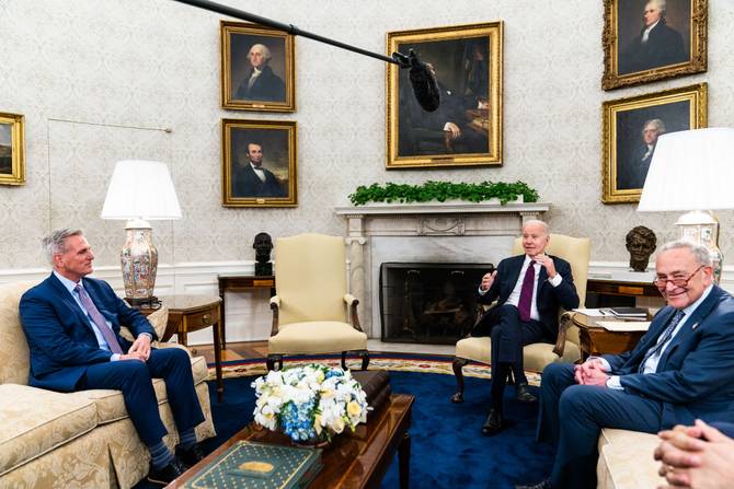 US President Joe Biden meets with US Speaker of the House Kevin McCarthy and Senate Majority Leader Chuck Schumer in the Oval Office