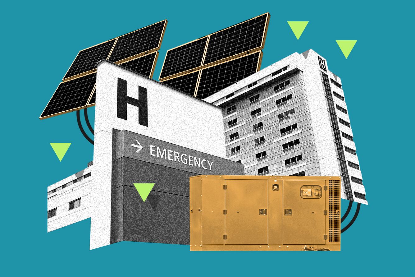A hospital being fed energy through solar panels and energy forming a micro grid and down arrows symbolizing savings