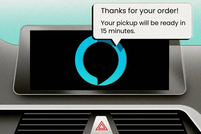 a car dashboard with a speech bubble coming out of it saying "Thanks for your order! Your pickup will be ready in 15 minutes."