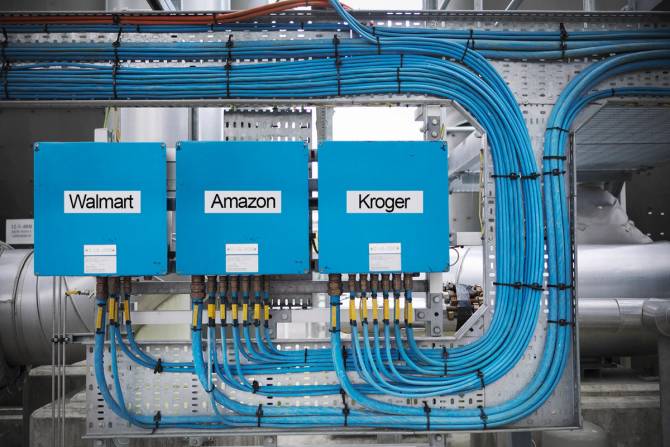 a bunch of pipes leading to three blue boxes that say "Walmart," "Amazon," and "Kroger"