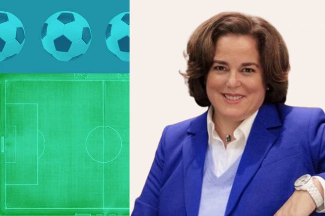 a photograph of Julie Haddon, the CMO of NWSL, wearing a blue blazer, on the right-hand side; on the left is a blue-and-green stylized collage of soccer balls and a soccer field