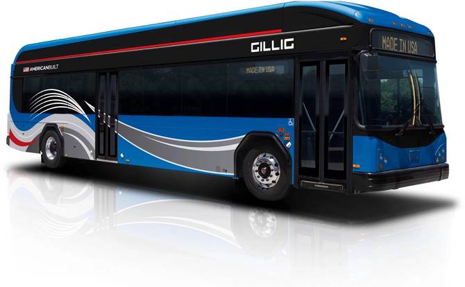 Image of a blue and grey Gillig bus