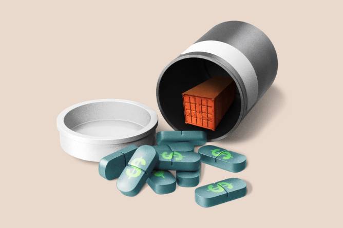 A shipping container inside a medication bottle and pills with overlayed dollar signs spread out. Credit: Anna Kim