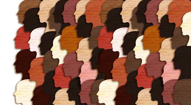 collage of different color faces stacked