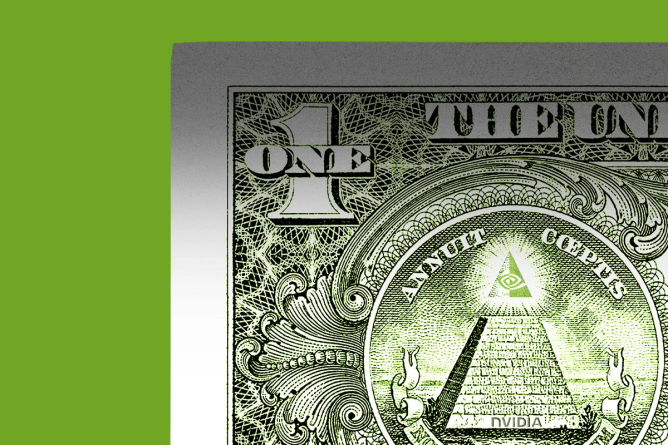 a close up of the eye of providence on the back of the dollar bill but the eye is replaced with the Nvidia logo