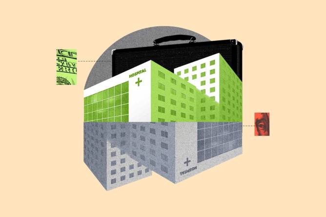 Hospital building split in half collaged with briefcase and $100 bill. 