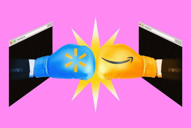 A boxing glove with the Amazon logo and a boxing glove with a Walmart logo smash into one another.