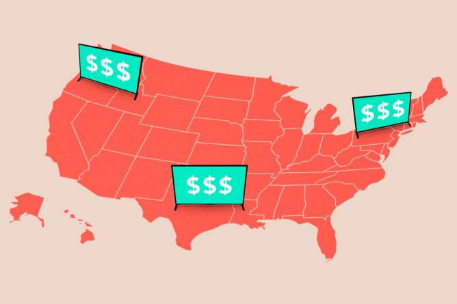 US map with tv screens displaying dollar signs. Credit: Anna Kim