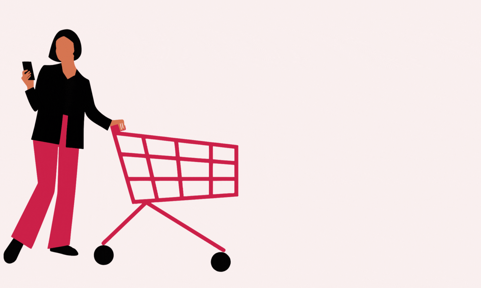 Animation of a woman walking with a shopping cart in one hand and her smartphone in the other