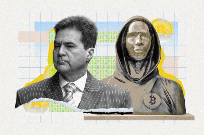 Computer scientist Craig Wright and a bust dedicated to mysterious Bitcoin creator Satoshi Nakamoto