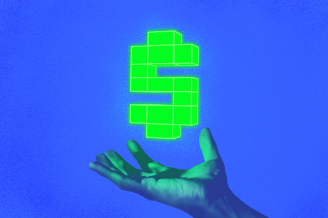 Digital dollar sign floating above a hand