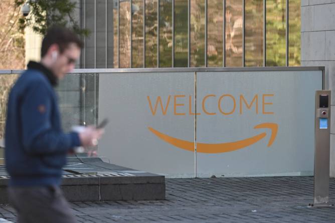 Welcome sign at Amazon offices