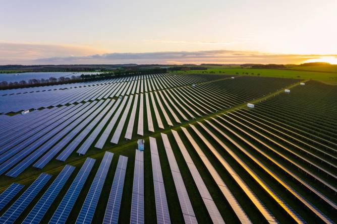 Aerial view of a field full of solar panels