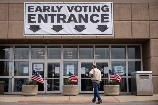 Voters arrives to cast their ballots early for the May 3 Primary Election at the Franklin County Board of Elections polling location on April 26, 2022 in Columbus, Ohio