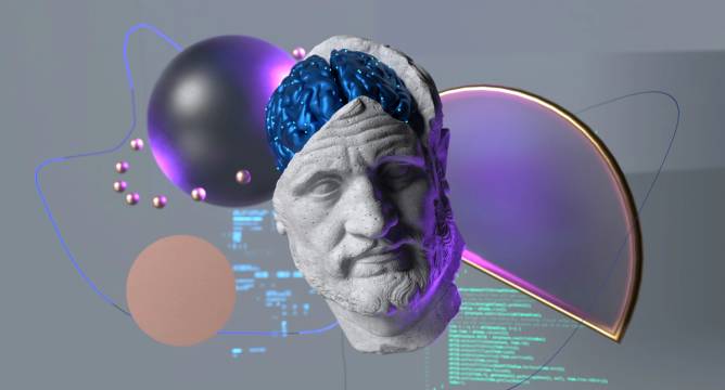 A bust statue with the head split open showing a blue brain surrounded by 90s style graphics