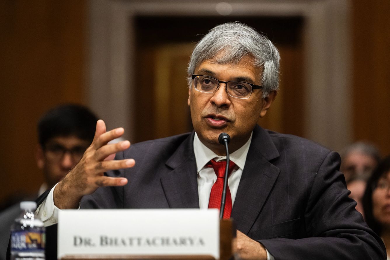 Jayanta Bhattacharya testifies during a US Senate Committee on Health, Education, Labor, and Pensions hearing on his nomination to be Director of the National Institutes of Health (NIH)
