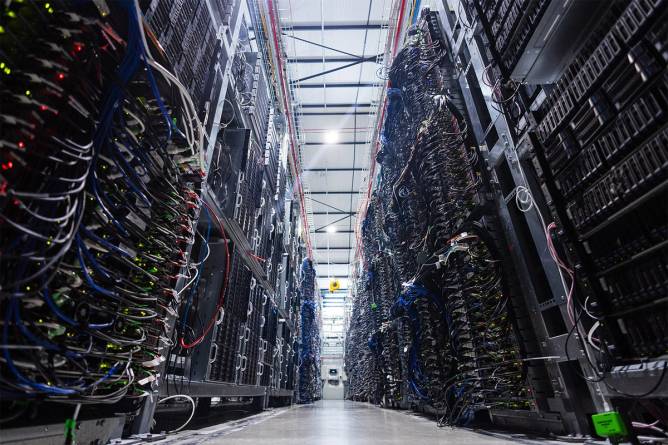 A row of servers at a data center