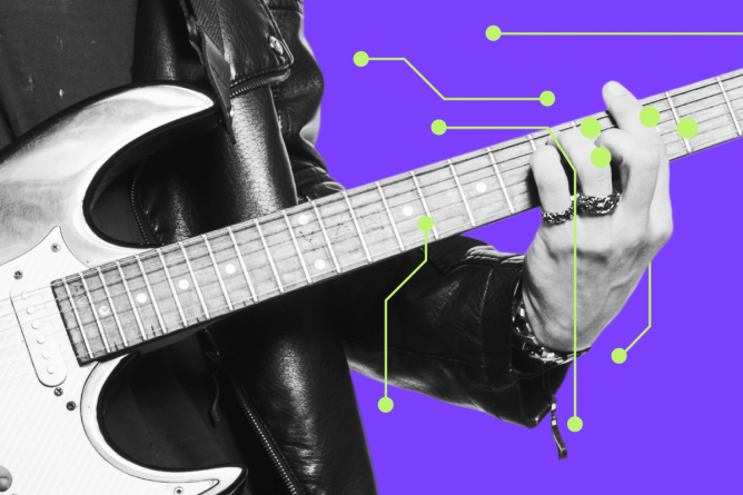 A close-up of a person's hands playing electric guitar chords with AI data patterns overlaid.
