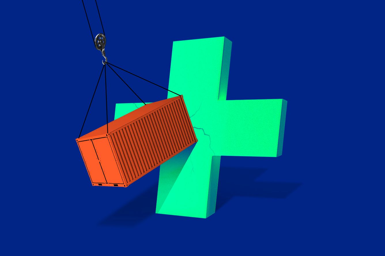 Cargo container hitting large-scale medical cross symbol.